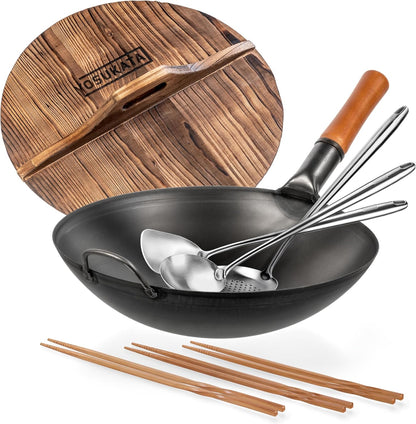 Carbon Steel Wok Pan - 14 in Woks and Stir Fry Pans round Bottom + Wooden Wok Lid 14 in + 17" Wok Spatula and Ladle Skimmer Spoon + Wooden Long Cooking Chopsticks Set of 3 Pairs1