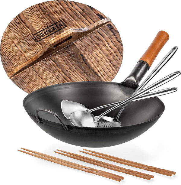Carbon Steel Wok Pan - 14 in Woks and Stir Fry Pans round Bottom + Wooden Wok Lid 14 in + 17" Wok Spatula and Ladle Skimmer Spoon + Wooden Long Cooking Chopsticks Set of 3 Pairs1