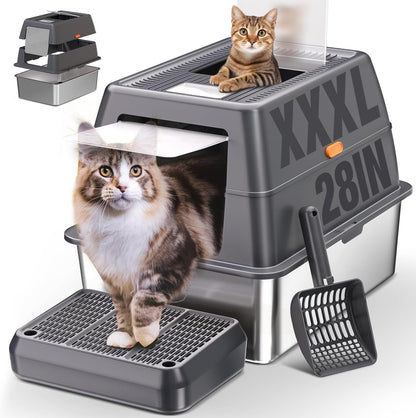 XXXL Stainless Steel Litter Box with Lid, Extra Large 28" Lx20 Dx18.1 H Litter Box for Big Cats, Enclosed Jumbo Metal Litter Boxes with Removable Cover & Footboard, Anti-Leakage,Odorless1