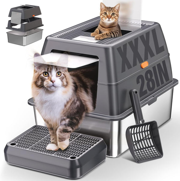 XXXL Stainless Steel Litter Box with Lid, Extra Large 28" Lx20 Dx18.1 H Litter Box for Big Cats, Enclosed Jumbo Metal Litter Boxes with Removable Cover & Footboard, Anti-Leakage,Odorless1
