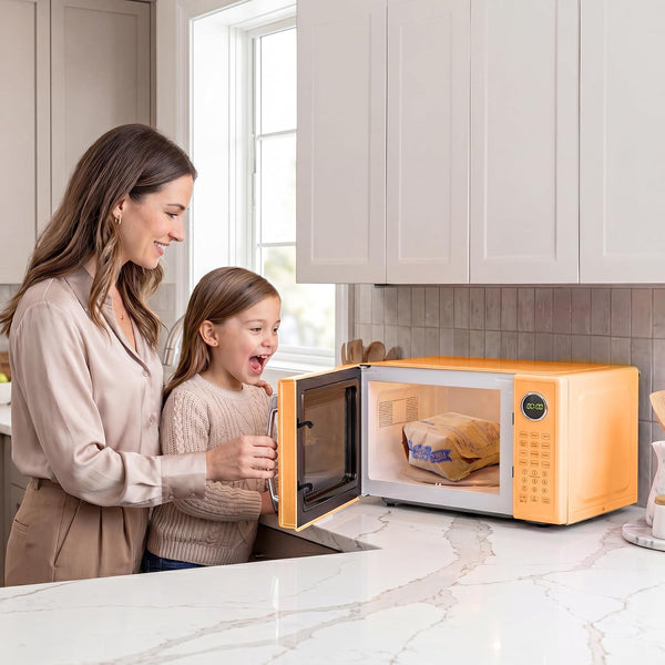Modern Retro Compact Countertop Microwave Oven - 1.1 Cu. Ft. - 1000-Watts with LED Digital Display - Child Lock - Easy Clean Interior - Orange7