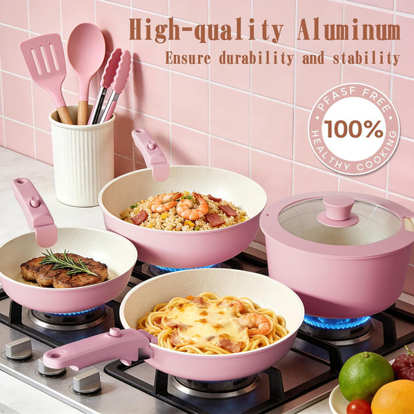 Pots and Pans Set Non Stick, 21 Pcs Nonstick Ceramic Cookware Set, RV Kitchen Cooking Set with Detachable Handles, Oven Safe, Induction Cookware, Stackable, Pink, PFAS PFOA & PTFE Free3