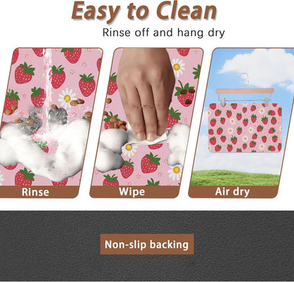 Cute Strawberry Flower Dog Cat Food Mat,Pink Absorbent Pet Feeding Mat with Rubber Backing,Non-Slip Water Bowl Placemat,Indoor Pet Accessories Supplies 12"X20"4