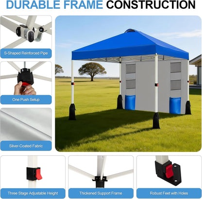 10X10 Pop up Canopy Tent, 1-Button Push Setup Canopy Tent with 1 Sidewall, Adjustable Height Instant Portable Shelter,Portable Roller Bag, Easy Outdoor Sun Shade for Events,4 Weight Bags,Blue2