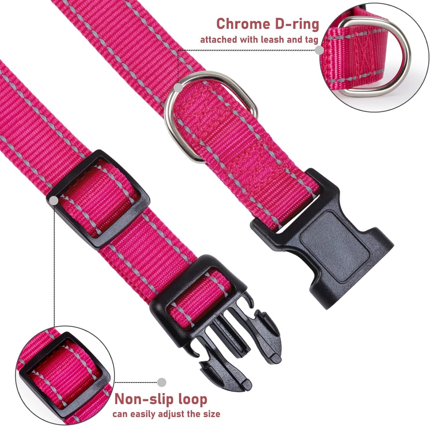 reflective-dog-collar-with-buckle-adjustable-safety-nylon-collars-for-small-medium-large-dogs-pink-m-breathable-nylon-collars-for-small-medium-large-dogs-no-chafing-on-walks-and-outdoor-hikes-metal-d-ring-night-safety