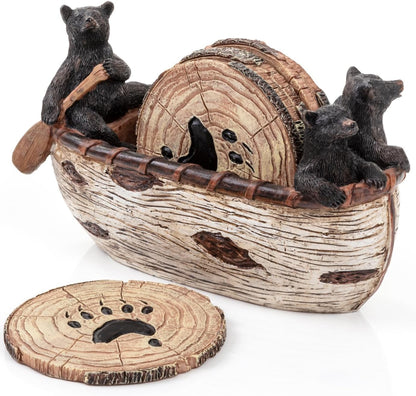 Bear Coasters - Set of 6 Full Size Rustic Coasters in Handmade Canoe with Adorable Black Bear Figurines - Log Cabin Decorations, Rustic Lodge Decor for the Home1