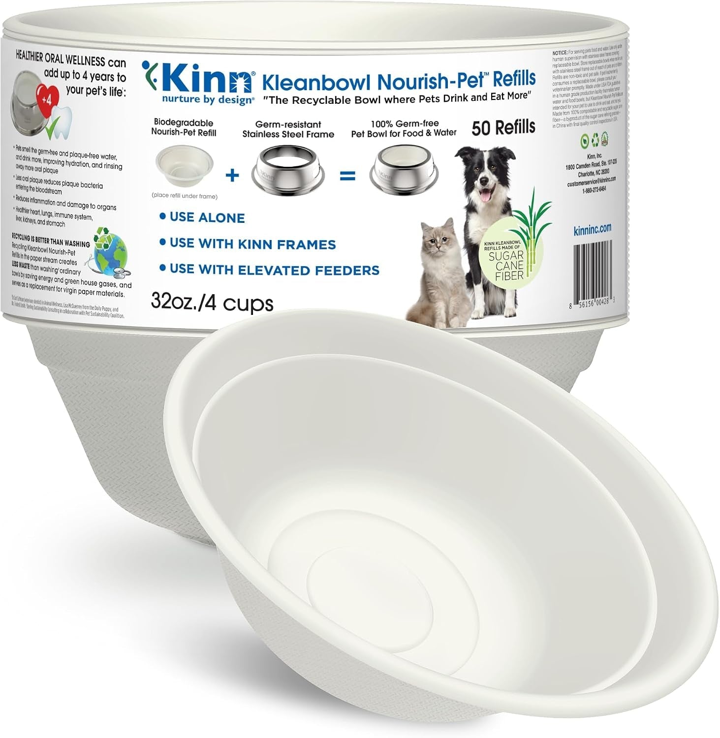 kinn-kleanbowl-pet-bowl-stainless-steel-frame-8-oz-pack-of-1-compostable-refills-spill-proof-stable-disposable-easy-cleaning-no-plastic
