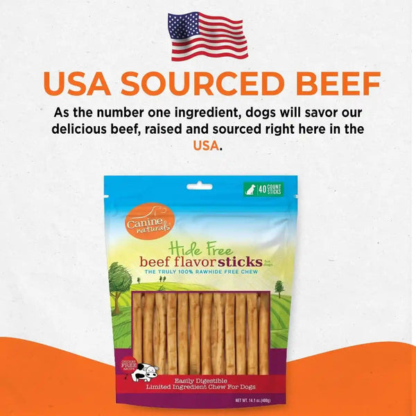 Canine Naturals Rawhide Free Beef Receipe Dog Chews, Sticks, 40 Count | 100% Rawhide Free, Made with Real Beef, Poultry Free, All-Natural, Easily Digestible, 5 in Sticks, Dog Treats, Bulk Pack8