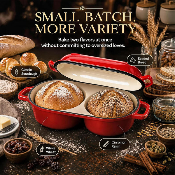 Mini Double Dutch Oven for Sourdough Bread Baking, 2.2QT Enameled Cast Iron | Dual round Bread Loaf Pan with Lid, Non Stick 550°F Oven Safe Bread Pot for Homemade Bread, Meatloaf, Cake - Red5