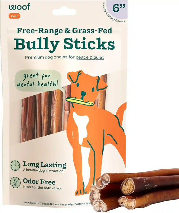 WOOF Bully Sticks Dog Treats - Chew Sticks for Dogs - Long-Lasting Dog Chew Treats - Made with Free-Range, Grass-Fed Beef - 6" Sticks - 10Pk10