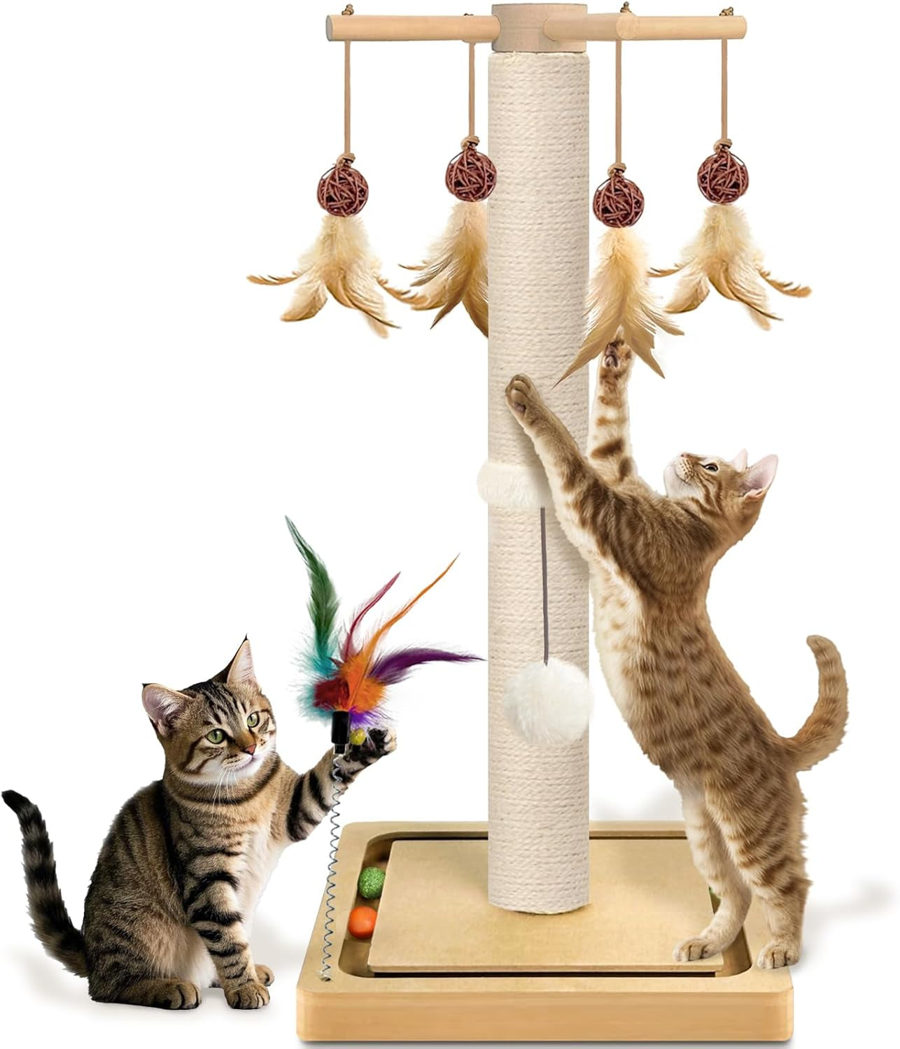 paroto-cat-scratching-post-sisal-cat-tree-tower-scratcher-for-indoor-cats-adults-with-interactive-toys-double-ball-track-2-mounting-methods-25-inches