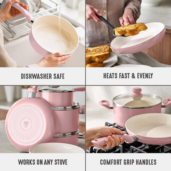 16Pc Ceramic Nonstick Pots & Pans Cookware Set, Blush Pink | Pfas-Free Nonstick Coating, Stockpot, Frying Pans, Saucepan, Sauté, Induction Ready, All Stovetop Compatible, Dishwasher Safe5