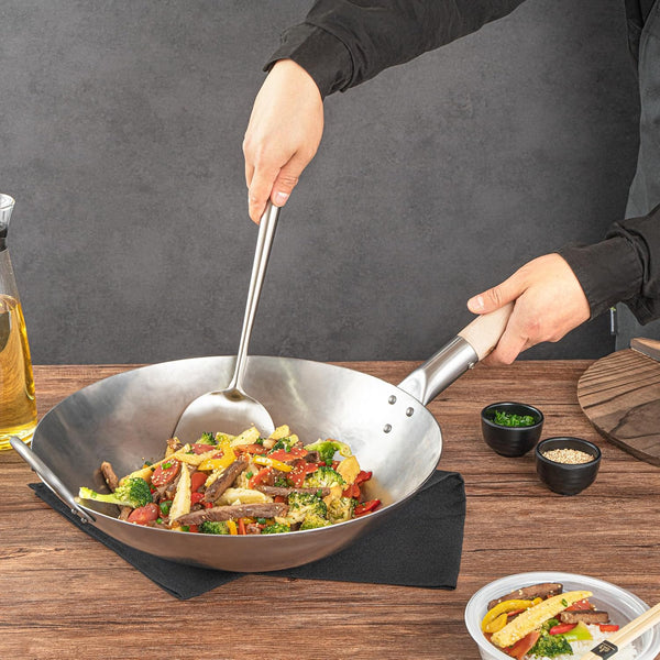 Carbon Steel Wok 1 Pack of 14 Inch Heavy-Duty Stir Fry Pan Silver Hand Hammered Wok Efficient Maneuvering Steel Helper Handle Uniform Heat Distribution Asian Cooking5