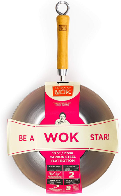 10.5" Wok | Flat Bottom | Carbon Steel | Bamboo Handle with Loop Hook | 10.5In/27Cm1