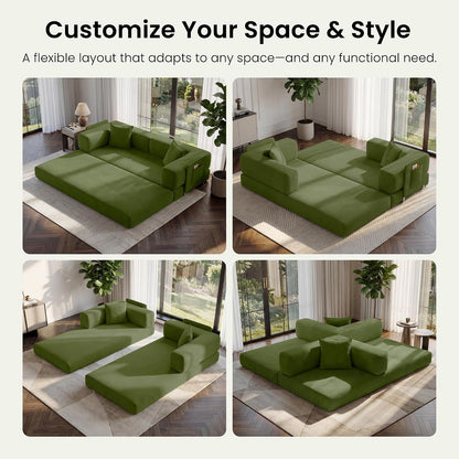 78.8" Convertible Futon Sofa Bed, Boneless Couch for Living Room | Corduroy Boneless Loveseat Sleeper Sofa, Modular Futon Couch with Storage Pocket, Pull Out Couch No Assembly | Green3