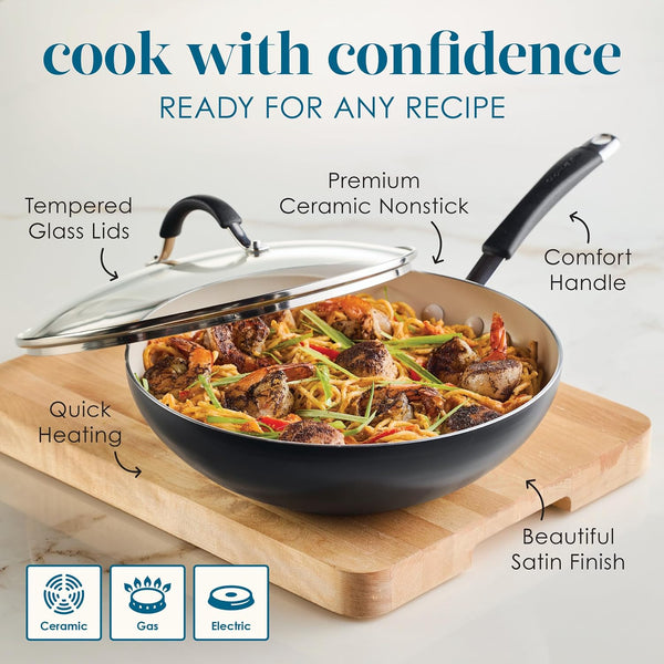 Cucina Ceramic Nonstick Stir Fry Pan and Lid, 11 Inch Non Stick Wok Pan, Dishwasher Safe - Peppercorn6