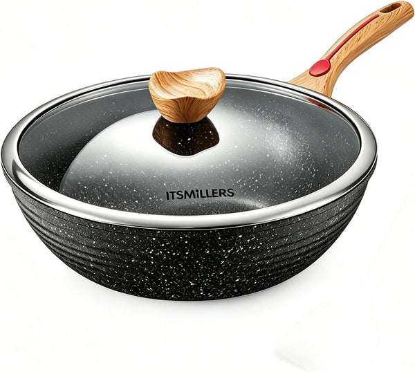 Nonstick Wok Aluminium Die-Casting Chinese Wok, Scratch Resistant with Lid and Spatula, Pfoa-Free, Dishwasher Safe & Induction Bottom,11.8 Inch,5Qt,Large Capacity1