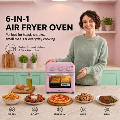 6-In-1 Retro Air Fryer Toaster Oven Combo, Compact 12.7 QT Small Countertop Convection Oven, Fits 9" Pizza & 4 Toast, Hexagon Hybrid Heating, Enamel Baking Pan Included, Pink Color2
