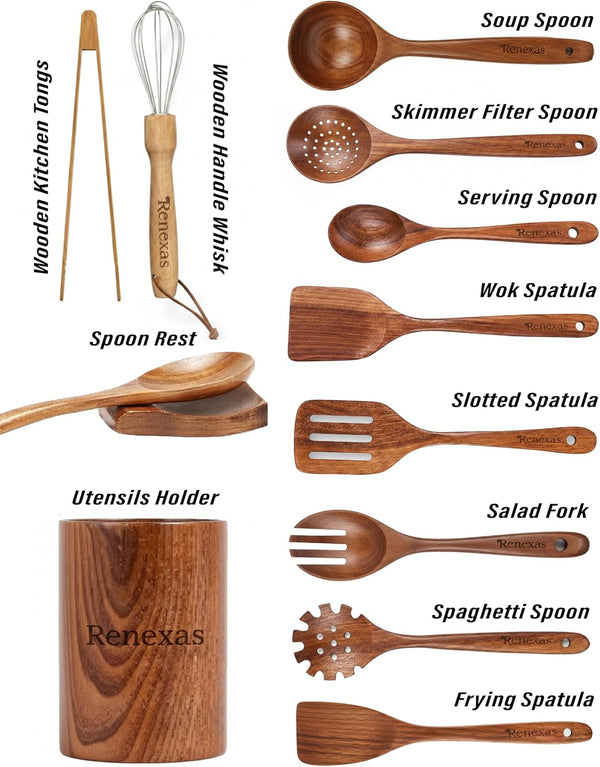 Kitchen Utensils Set, 12 Piece Teak Wooden Utensil Set for Cooking, Premium Teak Cooking Utensils, Non Toxic Wooden Spoons & Spatulas, Heat Resistant Kitchen Tools for Nonstick Cookware3
