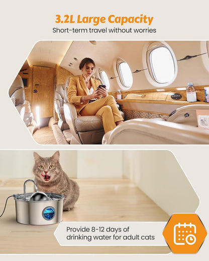 AONBOY Cat Water Fountain Stainless Steel, 108Oz/3.2L Cat Fountain, Pet Water Fountain with Water Level Window, Hemispherical Shape, Multi-Filter, Silent Pump, Water Tap, Provides Flowing Water5