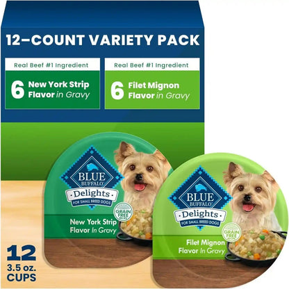 Blue Buffalo Delights Variety Pack Natural Grain Free Wet Dog Food for Small Breed Dogs (Filet Mignon Flavor & New York Strip Flavor) in Gravy with Natural Ingredients, 3.5-Oz. Each (12 Cups)1