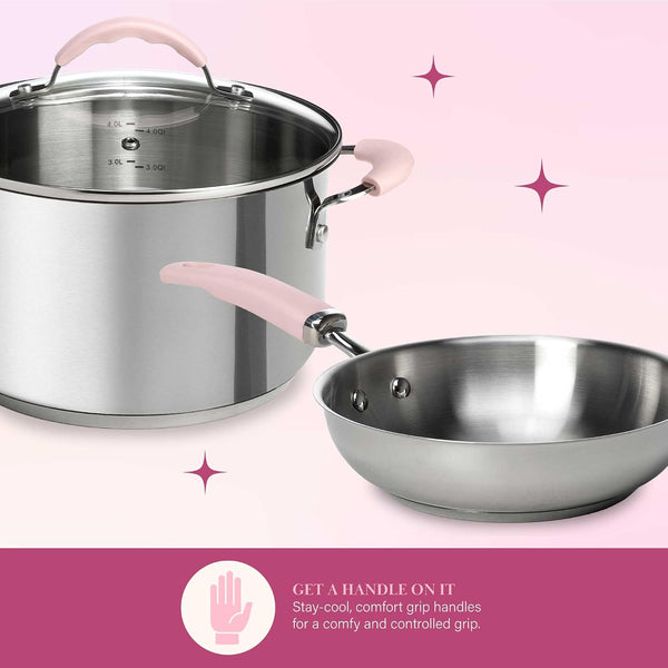 Stainless Steel Pots and Pans Set with Stay-Cool Pink Handles, Tempered Glass Lids, Bonus Heart Shaped Measuring Cups and Spoons, Dishwasher Safe Cookware, 10-Piece Set6