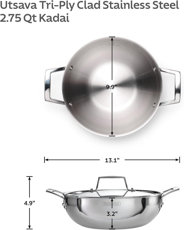 Utsava 2.75-Quart Tri-Ply Clad Stainless Steel Kadai with Lid | Kadhai Pot for Indian Cooking4