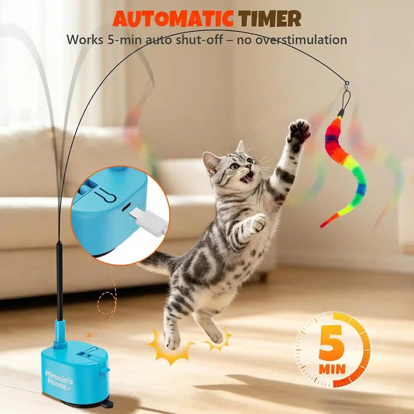 Interactive Cat Toys for Indoor Cats, 360° Flying Automatic Cat Toy, Blue | Rechargeable, Strong Suction Base, Self-Play & Handheld, Electric Spin Game Enrichment Toy, Long Kitty Wand for Bored Cats4