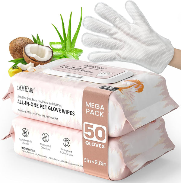 IMMHABI 50 Count Cleaning Deodorizing Pet Glove Wipes for Dogs & Cats, Hypoallergenic Dog Bath Wipes with Natural Deodorizer Persimmon Tannin, Pet Bathing Wipes for Horse Coat Care Coconut Scent1
