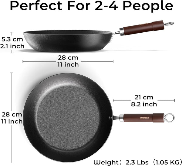 Carbon Steel Frying Pan, Pre-Seasoned 11-Inch Cooking Skillet Wooden Handle, PFAS & Pfoa-Free, Nitrided Black Fry Pan for Kitchen, Camping, Chef Use2