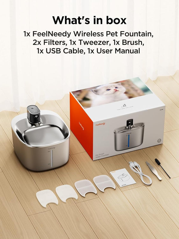 FEELNEEDY Wireless Cat Water Fountain Stainless Steel with Sensor, 4000Mah Battery Operated, 4L/135Fl Oz Pet Water Fountain for Cats Dogs, Ultra Quiet Cat Drinking Fountain with 2 Filters (YPD-C004S)7