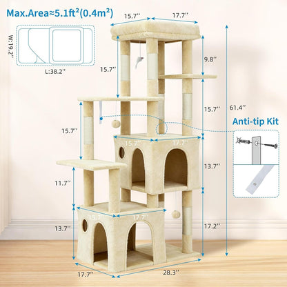 Takywep Beige 61" Heavy Duty Cat Tree for Large Indoor Cats & Maine Coon, Warm Multi-Level Cat Tower with Extra Large Perch, 2 Spacious Condos, Natural Sisal Scratching Posts & Interactive Toys4
