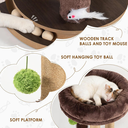 22 Inch Heavy-Duty Cat Scratching Post with Cozy Plush Bed, 3 Sisal Scratching Posts, Interactive Cat Scratcher with Grooming Brush, Hanging Pom-Pom, Track Balls & Mouse Toy for Indoor Cats4
