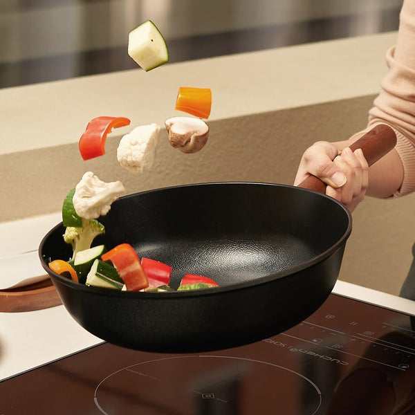 Aluminum Body Flat Bottom Wok, Restaurant & Business Grade Fry Pan Titanium Coated Non-Stick Surface, Wooden Handle, Made in Korea, Deep Large Skillet, Black(17.91"L X 11.22"W X 3.15"H)1