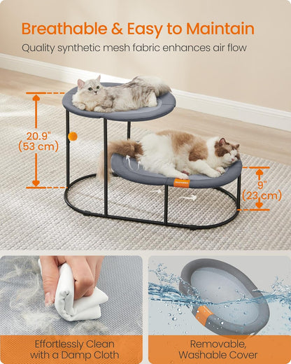 Feandrea 2-Tier Elevated Cat Hammock Bed, Breathable Furniture for Multi-Cat Households Indoor and Outdoor, with Removable Washable Mesh, Steel Frame, for Summer, Dove Gray UPCB012G015