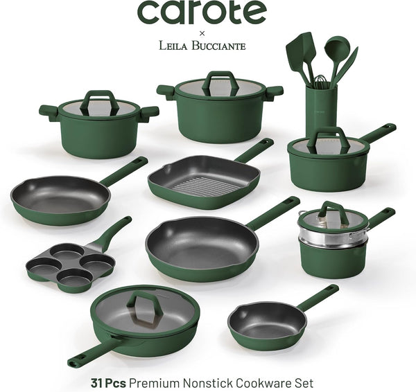 31Pcs Pots and Pans Set, Nonstick Cookware Set | Egg Pan, Steamer & Durable Silicone Utensils, Even Heating, All-Stovetop Compatible, Green5