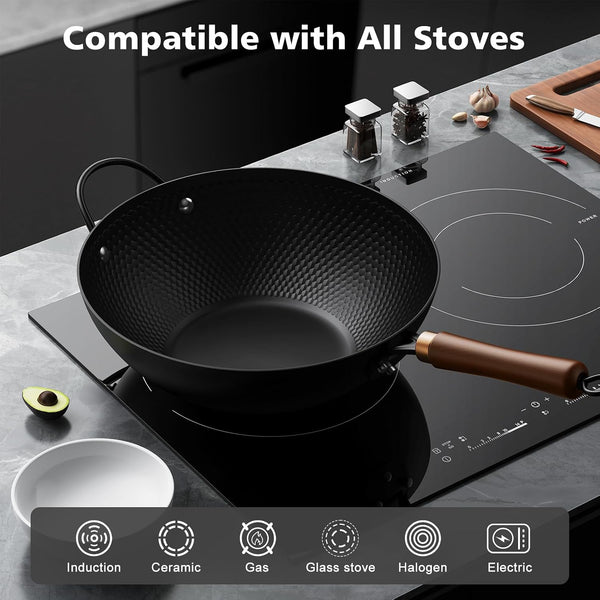 Wok with Lid, 13 Inch Carbon Steel Woks & Stir-Fry Pans Nonstick | Pre-Seasoned 5.6QT Flat Bottom Chinese Wok Pan with Lid, PFOA/PTFE Free Cookware Compatible with All Cooktops6