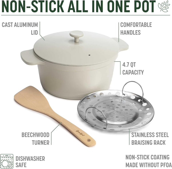 All-In-One Pot, Multilayer Nonstick, High Performance Cast Dutch Oven with Matching Lid, Roasting Rack and Turner, Made without PFOA, Dishwasher Safe Cookware, 4.7-Quart, Linen4