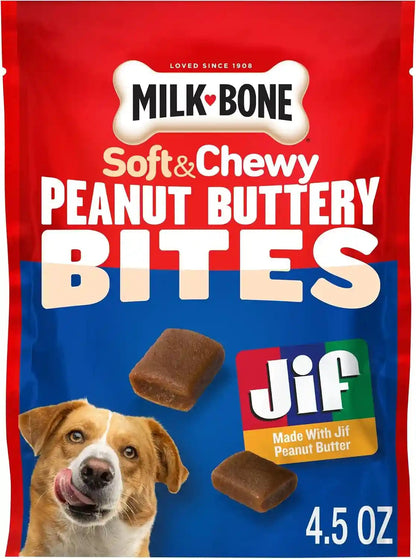 Milk-Bone Soft & Chewy Peanut Buttery Bites, 4.5 Oz. Bag | Soft Dog Treats with Jif Peanut Butter1