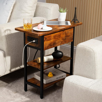 End Table with Charging Station, Flip Top Side Table with USB Ports and Outlets, Sofa Couch Table Bedside Table for Living Room Bedroom, Narrow Nightstand with Storage Shelves for Small Space2