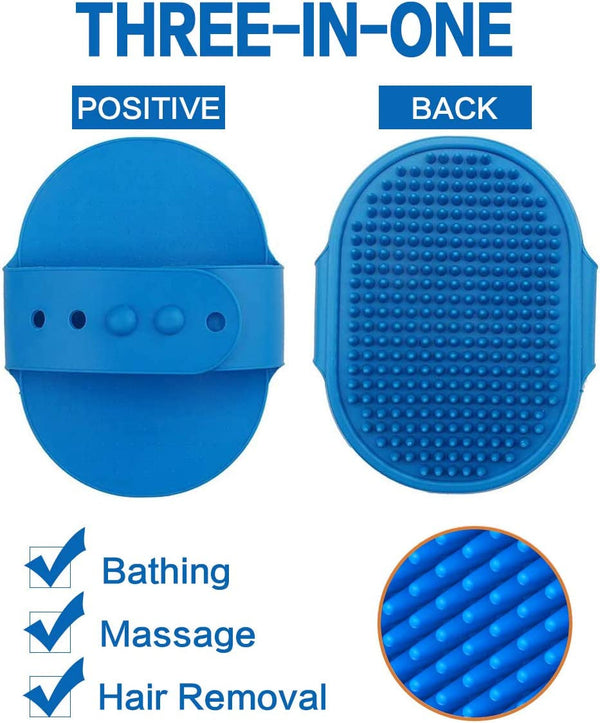 Dog Bath Brush Pet Bath Comb Brush Soothing Massage Rubber Comb 2Pcs with Adjustable Ring Handle for Long Short Haired Dogs and Cats (Blue+Rose)3