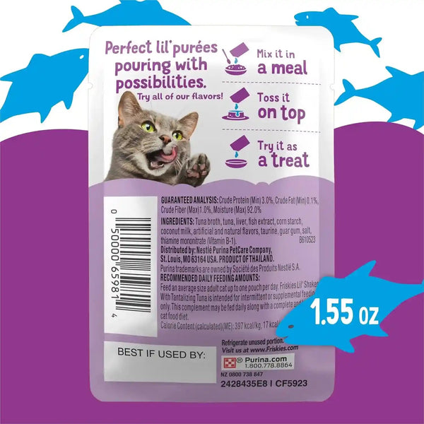 Purina Friskies Pureed Cat Food Topper, Lil’ Shakes with Tantalizing Tuna Lickable Cat Treats - (Pack of 16) 1.55 Oz. Pouches7