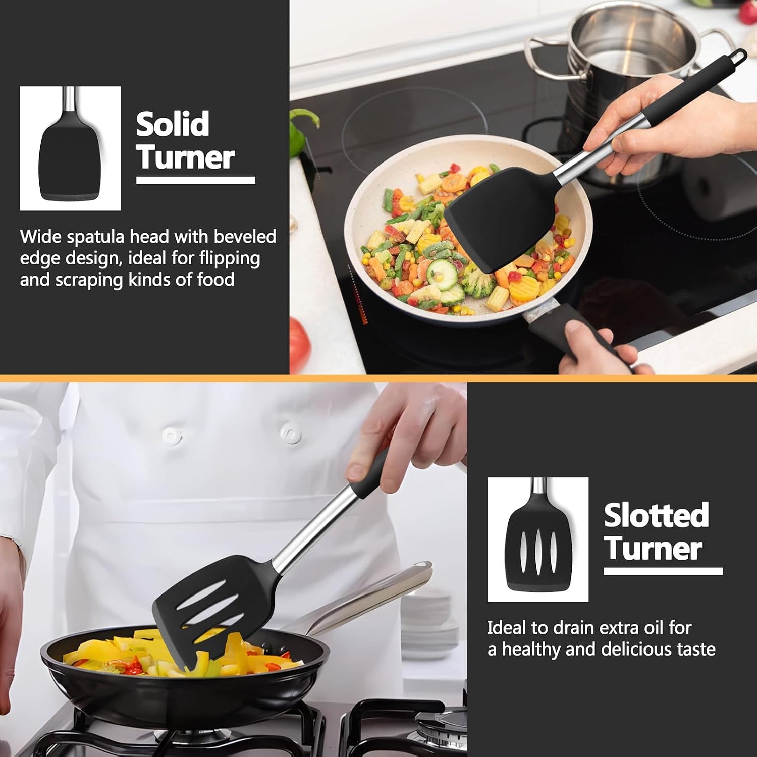 black-kitchen-cooking-utensil-set-of-4-slicone-head-steel-body-silicone-solid-spatulas-slotted-spoons-turners-for-non-stick-cookware-flipping-mixing-heat-proof