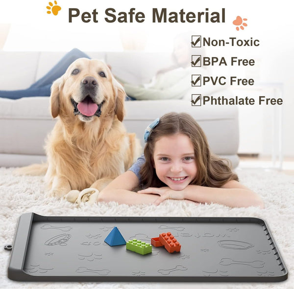 Dog Food Mat 36"X24" - Silicone Dog Mat for Food and Water Large Pet Feeding Mats with Residue Collection Pocket - Waterproof Dog Cat Bowl Mat with High Edges to Prevent Water Food Spills (Gray)3