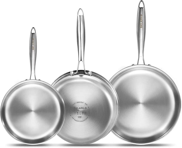 Tri-Ply Stainless Steel Frying Pan Set 8”/10”/12”Kitchen Skillet | Stainless Steel Pan Cooking Heat Fast and Evenly Compatible with All Cooktops Dishwasher and Oven Safe1