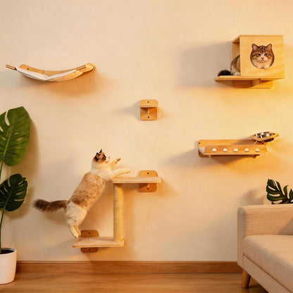 8-In-1 Cat Wall Shelves for Large Cats, Wall Mounted Cat Furniture with Feeding Station&Extra Wide Hammock, Heavy Duty Cat Climber for Indoor Cats to Sleep Play & Eat, 44Lbs Capacity, Wood1