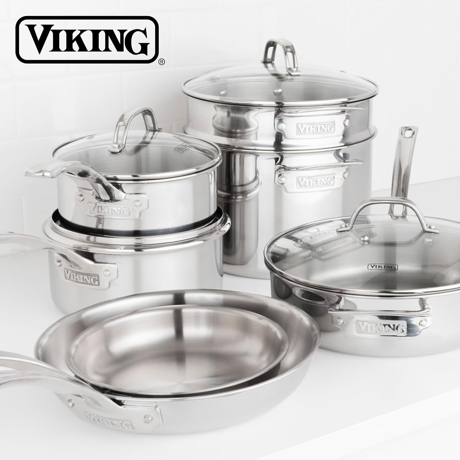 viking-artisan-3-ply-stainless-steel-11-piece-cookware-set-with-vented-glass-lids-fry-pans-saucepans-saute-pan-stock-pot-with-strainer-insert-oven-safe-up-to-600f
