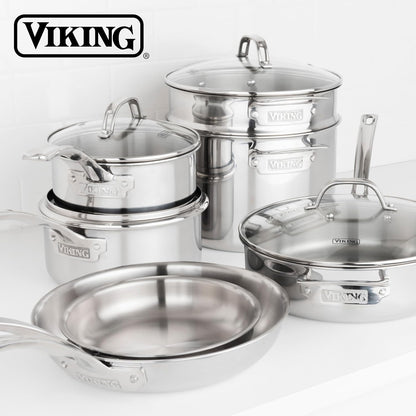 Viking Artisan 3-Ply Stainless Steel 11-Piece Cookware Set with Vented Glass Lids, Fry Pans, Saucepans, Saute Pan, Stock Pot with Strainer Insert, Oven Safe up to 600F6