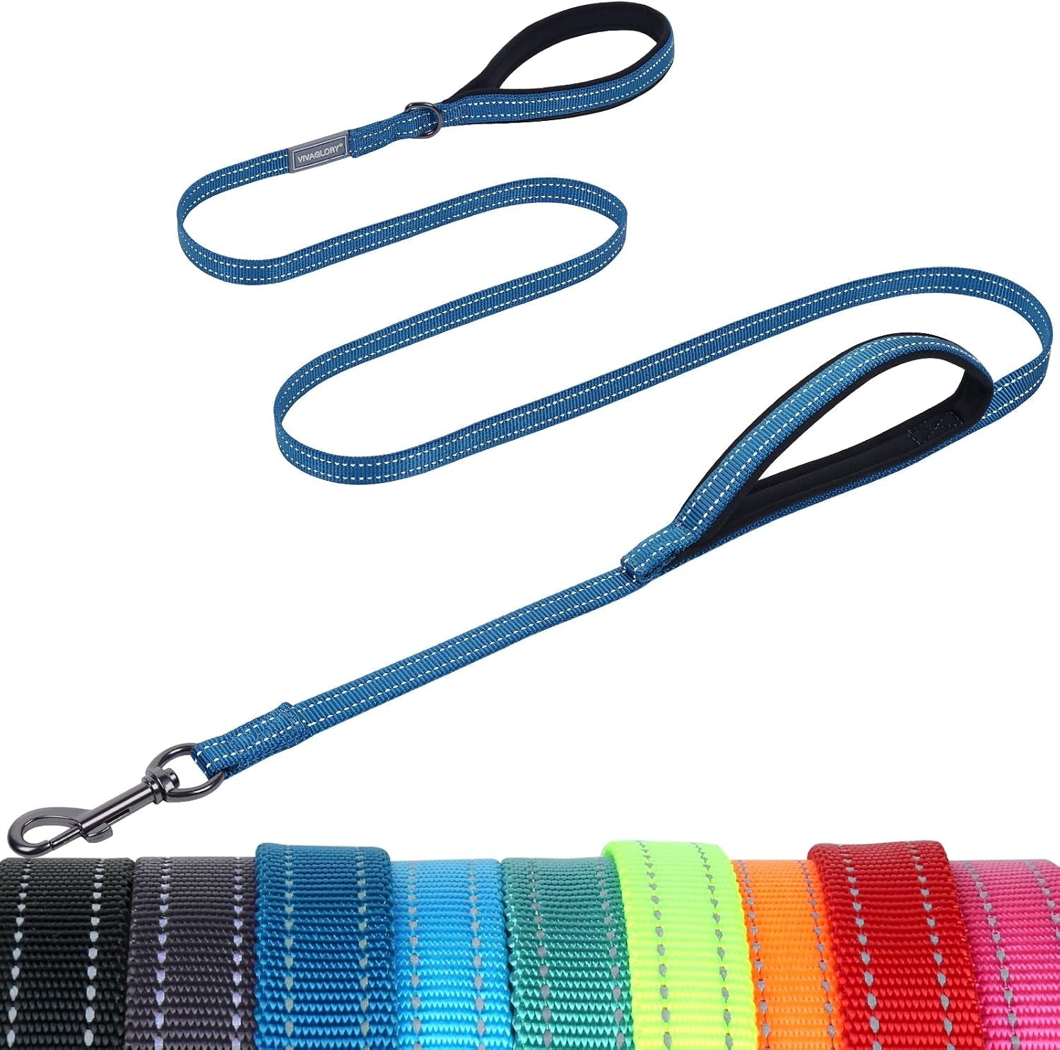 vivaglory-double-handle-dog-leash-twingrip-6ft-x-1in-navy-dog-leash-for-collar-with-traffic-handle-2-loop-for-walking-training-traffic-control-reflective-heavy-duty-puppy-pet