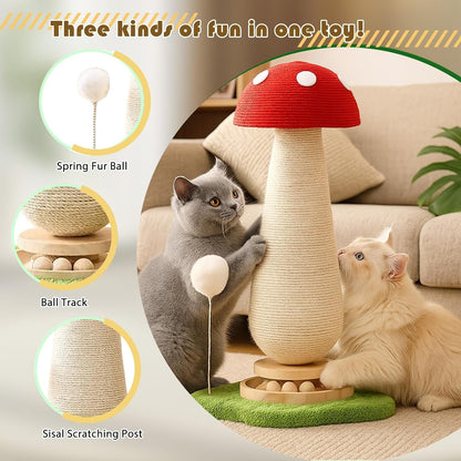 Mushroom Cat Scratcher Tower, Interactive Ball Track Spring Ball Cat Scratching Post, Sisal Kitty Activity Center for Indoor Cats & Kittens, Sturdy Wide Base 25.2 Inch - Red3